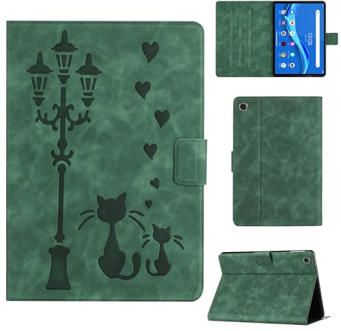 Rosbtib Funda para Lenovo Tab M10 FHD Plus 2020/Tab K10 2021 10.3 TB-X606F/X606X/X606V/X6C6F/X6C6X Funda Protectora de Piel sintética con Soporte, Una Pareja de Gatos íntimos bajo una farola, Verde