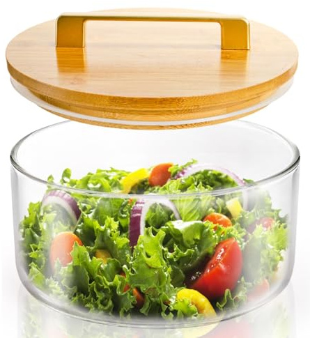 Peohud Glass Trifle Bowl, 2500ml Clear Salad Bowl with Bamboo Lid, Large Dessert Serving Container for Party, Salad, Fruit, Ice Cream, Cake, Microwave Dishwasher Safe