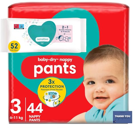 Pull-Up Diaper and Wipe Bundle for Toddlers - Baby Dry Nappy Pants Essential Pack Size 3 (6–11kg, 44 Count) & Sensitive Baby Wipes (52 Count)