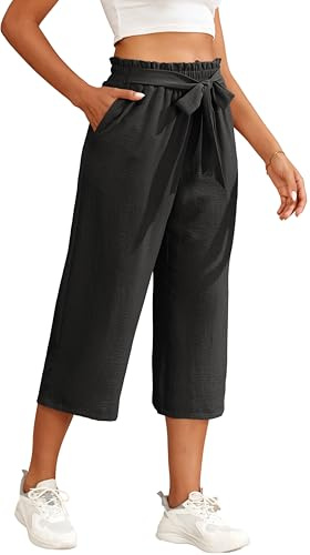 WUWUSKY Pantacourt Large Femme Taille Haute Pantalon Capri D'été Jambes Larges Fluide Élégant Décontracté avec Poches Profondes Ample Léger Respirant, Noir, XXL