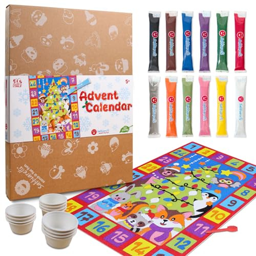 Sabbiarelli Sand-it For Fun - Set Calendario dell’Avvento, Maxi Kit Creativo di Sand Art per Bambini 5+: 12 Buste Grandi di Sabbia, 1 Maxi Poster Adesivo A3 e 12 Vaschette - Lavoretti Natale,