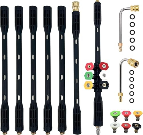 HoldOneLight Extensión para Hidrolimpiadora, Kit de 9 Piezas con 5 Boquillas, Herramienta de Limpieza de Canaletas, Conexión Rápida 0,64 cm, Resistente 4000PSI(Sin Kärcher)