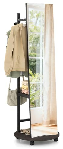 GIANTEX Specchio a figura intera, specchio da terra con appendiabiti, 45 x 135 cm, grande specchio con vetro infrangibile, ganci, ripiani, ruote, per ingresso, soggiorno, camera da letto (nero+noce)