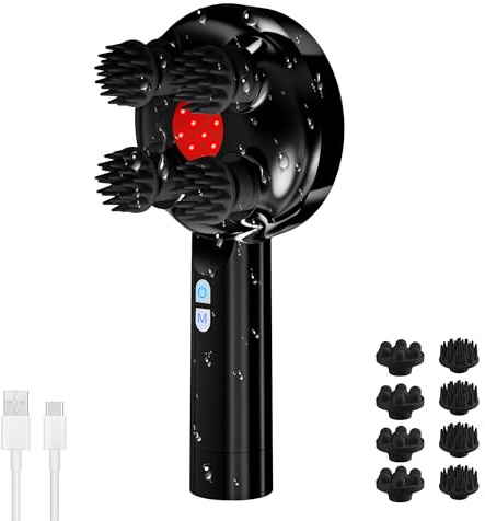COMFIER Massaggiatore Cuoio Capelluto Elettrico Senza Fili, Massaggiatore Testa Portatile con 8 Testine in Silicone e 3 Modalità di Massaggio, Impermeabile IPX7 per una Pulizia Profonda, Regalo Donna