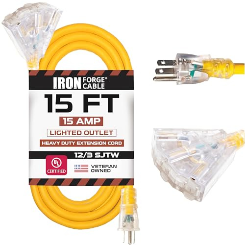 IRON FORGE CABLE 15 Foot Lighted Outdoor Extension Cord with 3 Electrical Power Outlets - 12/3 SJTW Heavy Duty Yellow Extension Cable with 3 Prong Grounded Plug for Safety