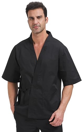 Nanxson Giacca da Chef in Cotone e Lino Stile Giapponese Traspirante Manica Corta da Cuoco Uniforme da Cuoco per Uomo CFM0074 (XL, Nero)