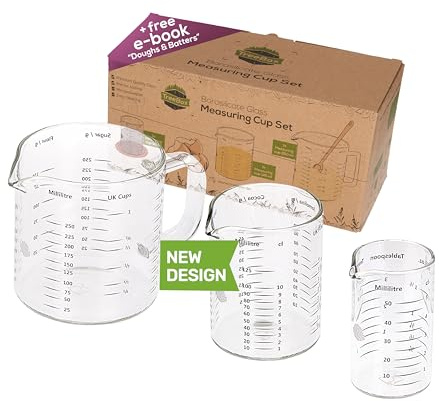 TreeBox Glass Measuring Cups - Set of 3, 250ml, 125ml & 50ml - Borosilicate Glass, Microwave Safe - For Baking & Mixing
