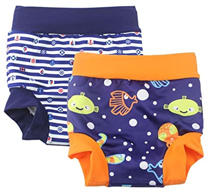 BabyPreg Badbyxor med blöjskydd för baby och barn Badshorts med hög midja som skyddar magen (Blå (fisk)+marinblå rand, 3-5 år)