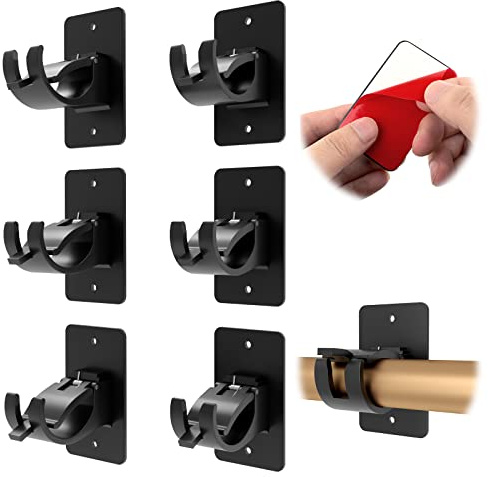 CIEMGNZOC 6-Pack Curtain Bracket Holders, Universal Self-Adhesive Wall Mounts, Fits 0.6'' to 1.5'' Rods, Black
