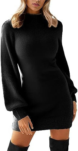 GRECERELLE Women's Mock Neck Ribbed Long Sleeve Bodycon Pullover Cute Mini Sweater Dress(Small, Black)