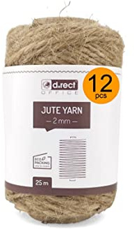 D.RECT Cuerda de Yute de 25 m, 12 Unidades, cordón de Yute marrón Natural, cordón de Regalo, Cuerda Decorativa, 2 mm de Grosor, para: Embalaje, Manualidades, floristería, decoración