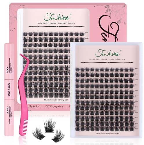 Fenshine Cluster Lashes Individual Lashes Wide Stem C/D Curl 10-18mm Length DIY Eyelash Extension Individual Soft False for Personal Use at Home (168pcs Mix 10-18MM, Eyelash Extension Kit)