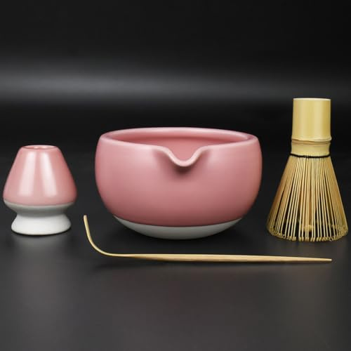 Artcome Kit completo de ceremonia de té matcha – cuenco, batidor, soporte para batidor, cuchara de té – para Usucha, Koicha, Matcha Latte (rosa)