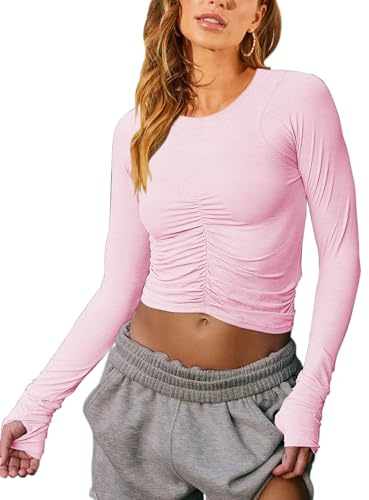 Vivitulip Women’s Long Sleeve Shirts Basic Fall Ruched Slim Fitted Crop Tops Tight Athletic Blouse with Thumb Holes, Pink, S