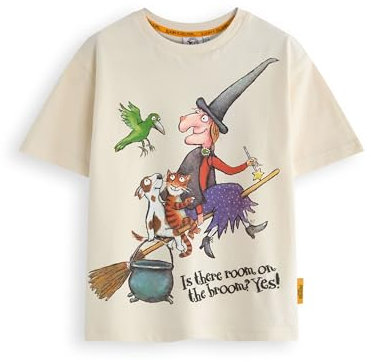 The Gruffalo & Friends Room on The Broom Childrens T-Shirt | Kids Witch & Friends Storybook Graphic Tee in Tan | Julia Donaldson Story Tale Book Apparel Top | Character Movie Merchandise Gift