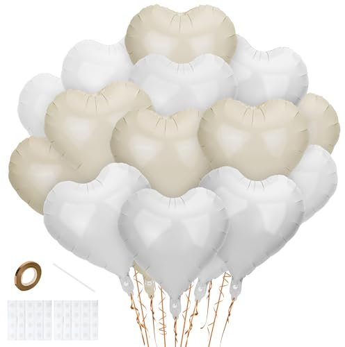24Pcs White Cream Heart Balloons, 18 Inch Heart Shape Foil Balloons, Beige Helium Balloon Decorations Kit for Valentines Day Wedding Engagement Anniversary Party Baby Birthday Bridal Shower