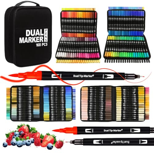 VAKKI 168 Dual Tip Colouring Pens, Felt Tip Brush Pens Drawing Pens Art Pens for Painting, Writing, Drawing and Sketching