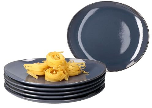 MÄSER 6er Set Natural Speiseteller I ovale dunkelblaue Steingut-Essteller für 6 Personen I große Teller für Hauptmahlzeiten, zum Grillen & Co