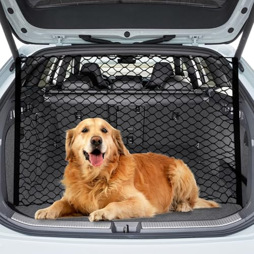 PORFOYO Barrière De Voiture pour Chien,120 * 90 CM Filet Voiture pour Chien avec 4 Crochets,Filet De Séparation pour Chien,Couche Double Filet Coffre Voiture pour Chien,Chat,Voitures,Super Élastique