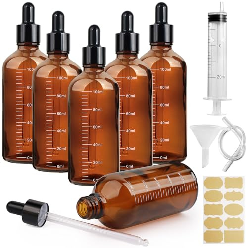 Nadisean 6Pcs Amber Glass Dropper Bottles 100ml, Graduated Pipette Dropper Bottle, Refillable Glass Bottle with Dropper Funnel Stickers for Oil Aromatherapy Blends Massage Perfumes Cosmetics Storage