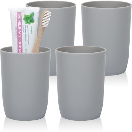 AstraLoom Toothbrush Holder with Cups, 4pcs Unbreakable Bathroom Tumblers 350ml, Dishwasher Safe Plastic Toothbrush & Makeup Brush Organizer, Reusable Drinking Glasses for Bathroom Counter(Gray)