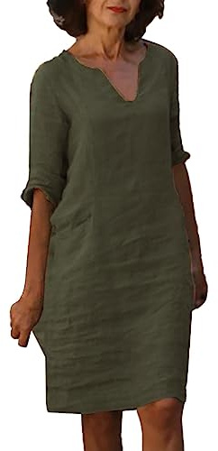 Robe Vintage Femme Coton Et Lin- Robe Grande Taille Manches 3/4 Col en V De Couleur Solide RéTro-Taille Haute éPisséE Comfortable Chic Et éLéGants Classiques Baggy Chemise Dress