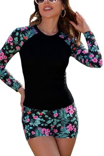 SHEKINI Dam 2-delad Rash Guard långärmad baddräkt med integrerad bh, simtröja, baddräkt med shorts