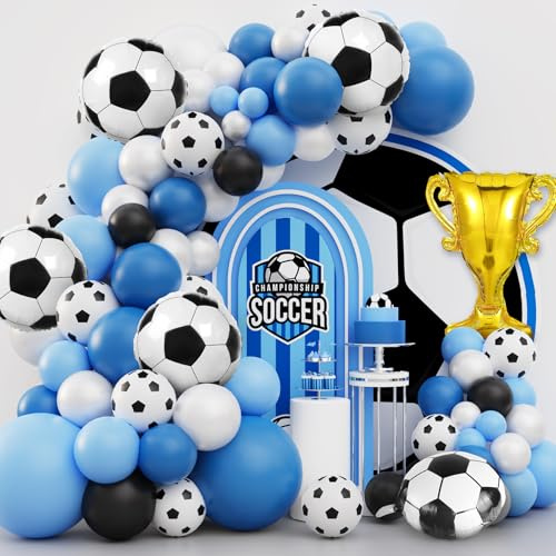 Kit de arco de guirnalda de globos de fútbol, 103 globos de fútbol azul y blanco con globos de aluminio de 18 pulgadas para decoraciones de fiesta de fútbol temática deportiva