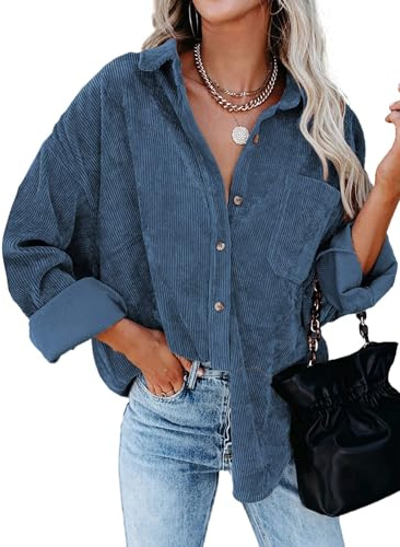 Friptspyg Cordhemd Damen Bluse Langarm Cordbluse Lässiges Hemdbluse Oversized Cordjacke Button Down Corduroy Bluse Casual Cord Hemd mit Tasche, Grau Blau L