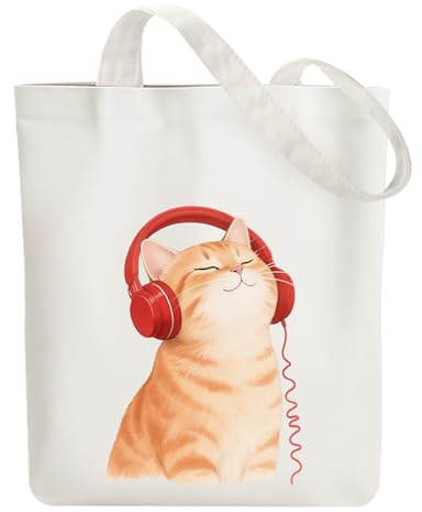 ANATTASOUL Borsa di Tela Shopper Donna Canvas Tote Bag Aesthetic Borse in Tela Cotone Borse Stoffa per la Scuola Lavoro Shopping Riutilizzabili Spesa（Gatto Con Cuffie）