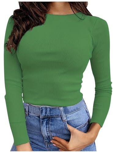 Camiseta de manga larga para mujer, blusa de manga larga, elástica, color puro, corte ajustado, top básico, verde, XXL