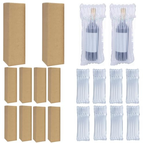 Lot de 10 Protections pour Bouteilles de Vin – 10 Cartons de Transport & 10 Colonnes Gonflables de Protection avec Pompe – Emballage Sécurisé pour Bouteilles de Vin et Objets Fragiles