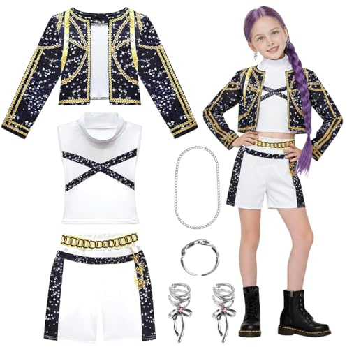TOSZOLY Costume da Cantante per Bambine, Palcoscenico Costume per Ragazze con Shorts Giacca, Costume da Cantante Pop di Esibizione per Scena Cantanti e Feste Halloween Carnevale Cosplay (Nero, 130)