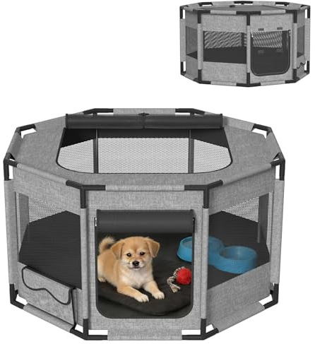 Froadp Mobiler Welpenauslauf Hundekäfig aus 600D Oxford Stoff mit PVC-Rahmen, Faltbares Tierlaufgitter für Hunde & Katzen, Tierlaufstall mit Reißverschlusstür und Oberer Öffnung, Grau – Achteckig L