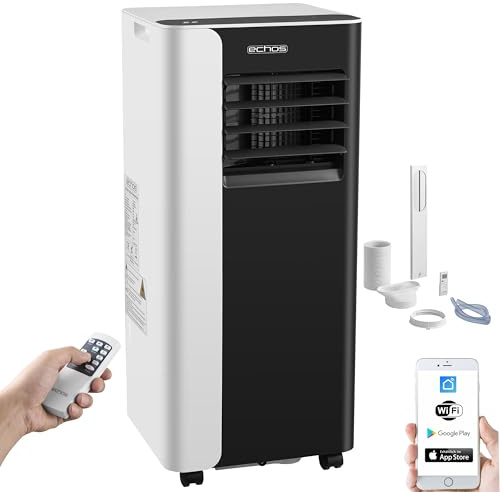 Echos® Mobile Klimaanlage 9.000 BTU mobil mit Abluftschlauch, Wi Fi & Fensterabdichtung – Mobiles Klimagerät App/WLAN Steuerung Fernbedienung & 24 h Timer - Luftkühler, Luftentfeuchter & Ventilato