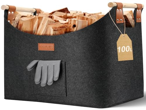 Ezilif Panier à bûches XXL avec double cuir renforcé - 60 x 40 x 40 cm