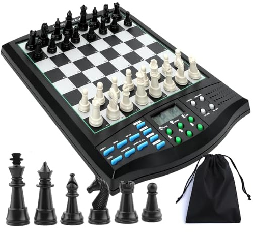 Elektroniskt schackset med LCD-skärm, rösthandledare, magnetisk bräda, svårighetsjustering för spel med en eller två spelare, perfekt för nybörjare och experter