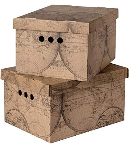 SOFTILLO Pack of 2 Decorative Storage Boxes With Lids Home Office Bedroom Wardrobe Box Organiser Archive Box with Lid Multi-Use General Storage Archive Box with Lid Stylish Set Large Old Map