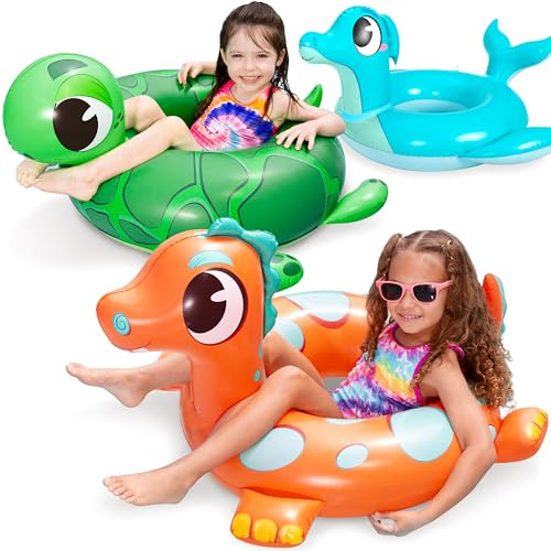 SLOOSH 3-Pack Inflatable Pool Tubes Floats - Dinosaur & Sea Turtle & Dolphin Swimming Rings for Kids Toddler, Pool Beach Water Float Party in Summer Decorations 32