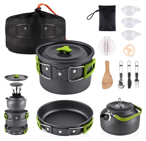 aiGear Camping Kochgeschirr Set/Outdoor Geschirr Set | Camping Topf Kochtopf Tragbar Aluminium | mit Aufbewahrungsbeutel | für Outdoor Camping Wandern Wandern Picknick (CC5339GN)