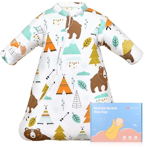 NesriToy Baby Schlafsack Winter, 𝟏𝟎𝟎% Baumwolle 𝟑.𝟓 𝐓𝐎𝐆 Babyschlafsack Kinder, Waldtiere Schalfsack Schlafanzug Baby Winter mit Abnehmbaren Ärmeln für Neugeborene, Extra Weich(12-18 Monate)