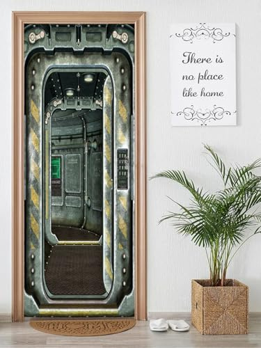 FLFK 3D Door Mural Peel and Stick 85x215cm- Spaceship Self-Adhesive Door Wallpaper Stickers Poster for Dormitory Office Home Decor(2Pcs/Set)