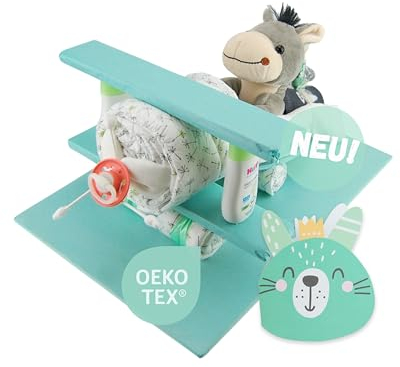 Windeltorte ® Flugzeug mit Kuscheltier - Plüschtier - Geschenk zur Geburt - Babyparty - Baby - Babyshower - Pullerparty… (Mint/Neutral)