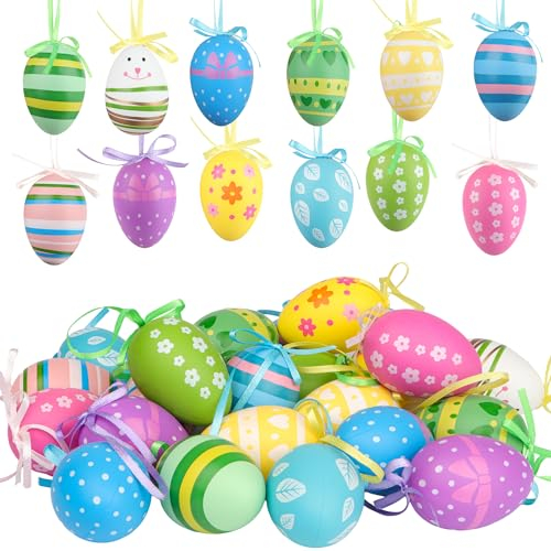 Jangostor 24 Piezas Huevos de plástico Pintados - 6 cm Colgantes Decoraciones de Huevos de Pascua con Varios Estilos Puntos Rayas Flores para árbol Escuela Hogar Decoración de Pascua