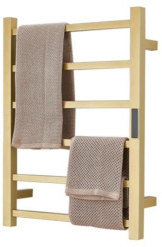 XMGJ Toallero Eléctrico Dorado con Temporizador, Radiador Calentador De Toallas De 80 W para Baño, Secador De Toallas De Pared con 6 Barras, Toallero Calefactado De Acero Inoxidable 304,Plug in