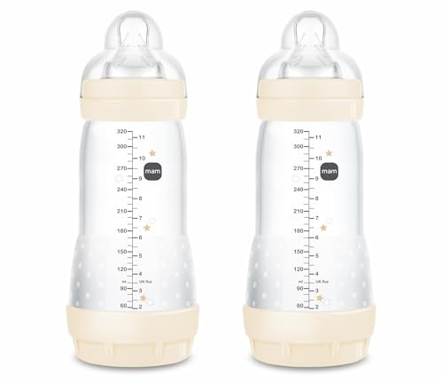 MAM Pack 2 Biberones Anticólicos, a partir de 4 Meses, 320ml, con Tetina 3 Flujo Rápido de Fácil Aceptación, Autoesterilizable y Fácil de Limpiar, MAM Easy Start Anti-Colic, Neutro Brillante, 2uds