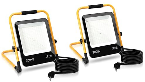 Vigevee 2 Faretti LED da Costruzione, Faro da Cantiere, 200 W, con Spina e Cavo 3 m, IP66, 6000 K, Luce Bianca Fredda, Impermeabile, per Garage, Officine