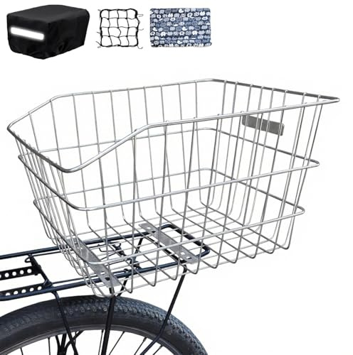 MATTISAM Large Stainless Steel Bike Basket Rear, Tool-Free Install, Bicycle Back Pet Dog Carrier, Silver, 17in(L) x13in(W) x9.8in(H), with Waterproof Cover, Cargo Net