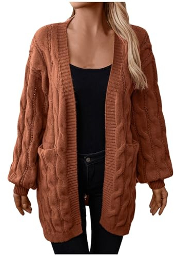 Cardigan Femme Long Tricot Torsade Leger Veste Hiver Chaud avec Poches Casual Pull Chic et Elegant Manche Longue Devant Ouvert Chandail Femme Gilet Doux et Confortable Basic uni (Brick Red, S)