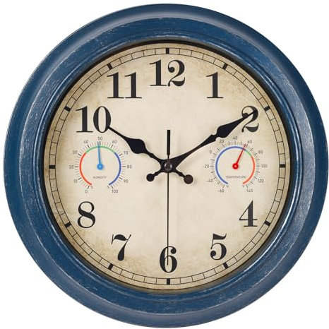 30,5 cm große Outdoor-Uhr mit Thermometer und Hygrometer-Kombination, wasserdichte Wanduhren für Innen- und Außenbereich, für Terrasse, Pool, Garten, Badezimmer, Dekoration, Blau